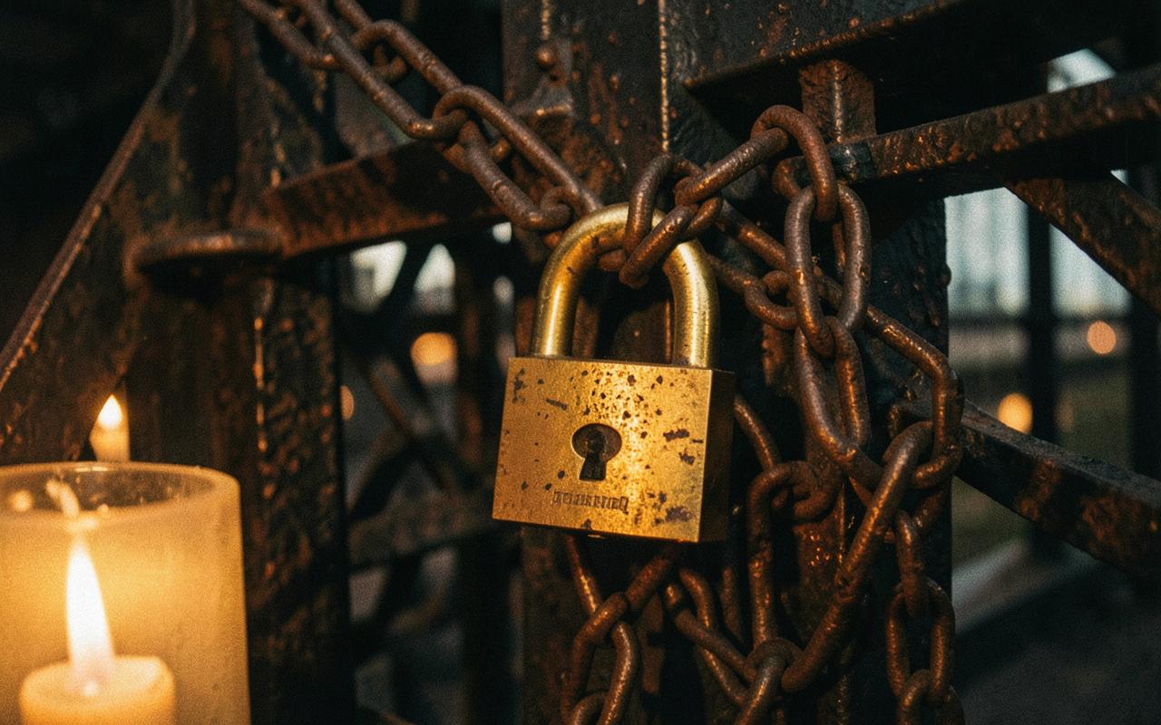 Brass padlock and chain on dark Chicago bridge ironwork in amber light