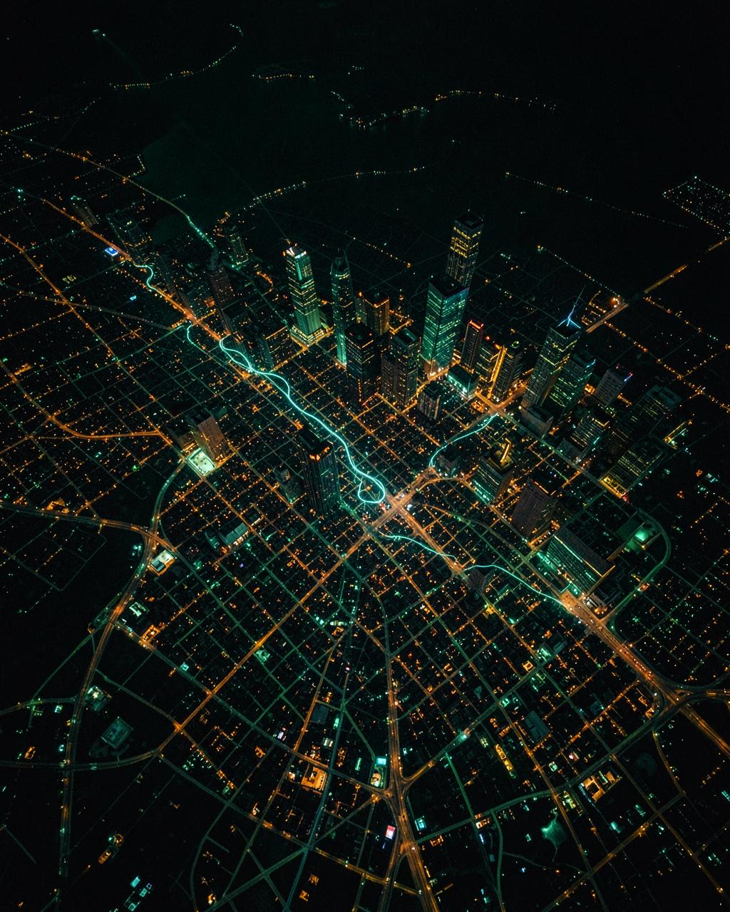 Aerial night map of Chicago city grid with a faint glowing trail toward Lake Michigan